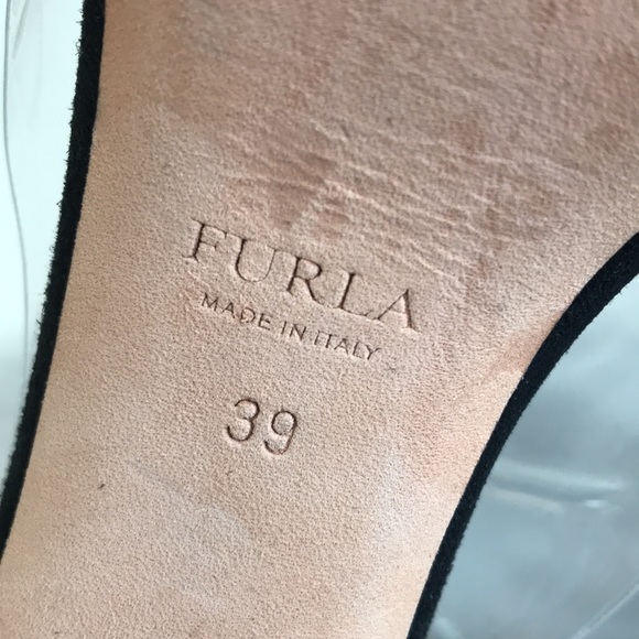 EUC Furla Italy sz 39 sandal heels black suede chunky heel strappy ankle strap - Picture 8 of 14